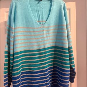 Lane Bryant V-Neck Sweater - Aqua and Navy Stripes